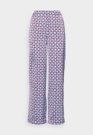 Pantaloni a fantasia con vita elasticizzata. Il design presenta motivi circolari rossi e azzurri su un tessuto liscio e leggero.