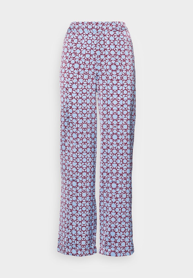 Pantalon à motifs avec une ceinture élastique. Le design présente des motifs circulaires rouges et bleu clair sur un tissu lisse et léger.