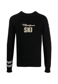 Maglione nero a maglia con "Rassigal SKI" ricamato in beige, dotato di strisce argento sui polsini e scollatura rotonda.