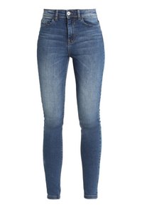 Jeans ajustados de mezclilla azul claro, con una cintura alta, cinco bolsillos, un ligero desgastado y costuras contrastantes a lo largo de las costuras.