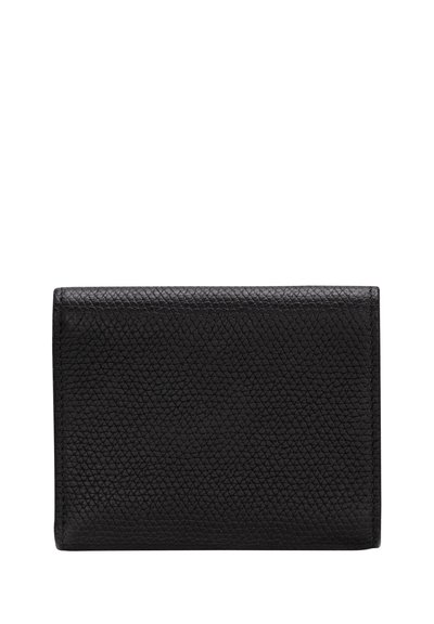Black leather wallet with a textured finish, rectangular shape, and stitched edges. No visible hardware or accents. Simple and sleek design.