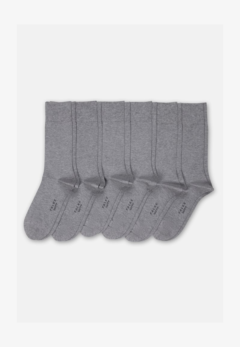Six pairs of plain grey mid-calf socks arranged side by side with subtle "Falke Made" text on each sole.