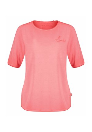 Kurzer T-Shirt mit Rundhalsausschnitt aus leichtem rosa Stoff, der mit einem gestickten "love"-Detail in passender Farbe verziert ist. Weiche Textur und lockere Passform.