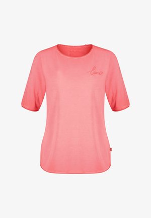 Kurzer T-Shirt mit Rundhalsausschnitt aus leichtem rosa Stoff, der mit einem gestickten "love"-Detail in passender Farbe verziert ist. Weiche Textur und lockere Passform.