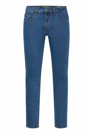 Jeans din denim albastru cu croială dreaptă, design cu cinci buzunare, cusături subtile și închidere cu nasture la talie. Textură netedă.