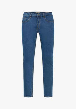 Jeans in denim blu con taglio dritto, design a cinque tasche, cuciture sottili e chiusura con bottone in vita. Texture liscia.