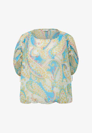 Leichte, durchscheinende Bluse in Pastellfarben mit Paisley-Muster. Rundhalsausschnitt, gepuffte Ärmel mit gerafften Akzenten und Bindebänder.