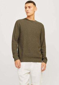 Pull en maille vert olive avec un col rond, des poignets et un ourlet côtelés. Texture douce, design ajusté, porté avec un short de couleur claire.
