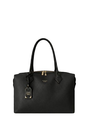 Borsa in pelle nera con due manici intrecciati, cerniera dorata e una targhetta con il marchio GMV Gianmarco Venturi appesa a un manico.