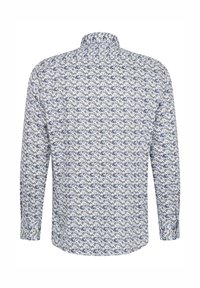 Langarmhemd mit weißem Grund und navyblauem Blumenmuster. Mit Knopfmanschetten und klassischem Kragen. Glatte Stoffstruktur.