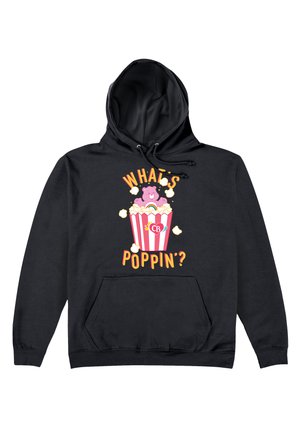 Sort hættebluse med et grafisk print af en pink bjørn og popcorn i en stribet spand, tekst "HVAD SKEER DER?" i gul og rød.