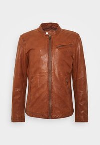 Brun läderjacka med ståkrage, framsidan med dragkedjestängning och sned dragkedjeficka. Har en slät yta och skräddarsydd passform.