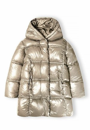 Veste matelassée beige métallique avec une capuche, présentant un design matelassé, une texture lisse et des accents élastiques au niveau de l'ourlet et des poignets.