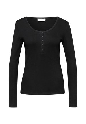 Tops de manga larga negra con escote redondo y una placket de seis botones. Textura acanalada y diseño ajustado.