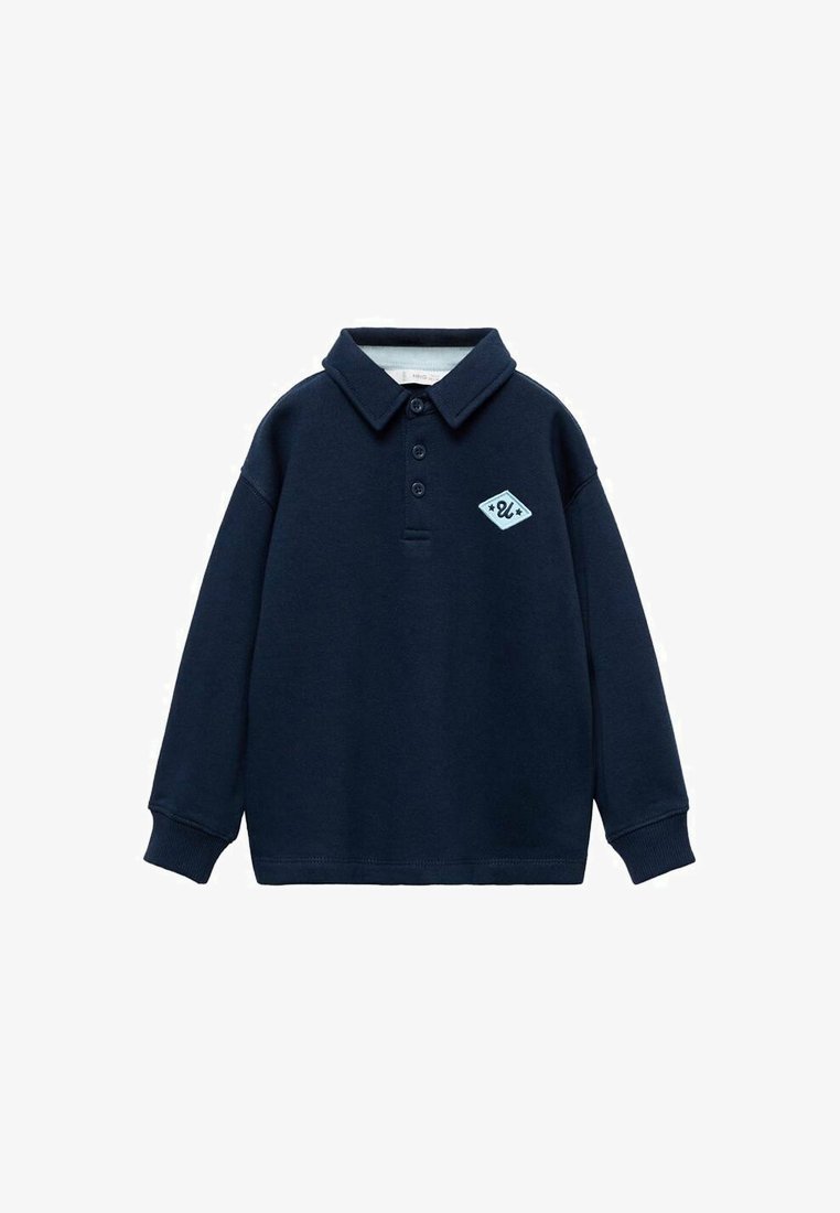 Námornícky modré polo tričko s dlhým rukávom vyrobené z mäkkej tkaniny, s klasickým golierom, zapínaním na tri gombíky a malým svetlomodrým logom.