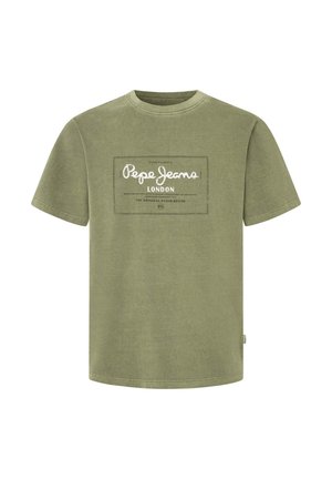 Oliwkowy bawełniany T-shirt z krótkim rękawem, z białym nadrukiem logo "Pepe Jeans London" z przodu.