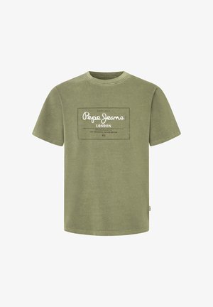 Õlivärvi puuvillane T-särk lühikeste varrukatega, mille esipinnal on valge plokktrükk "Pepe Jeans London".