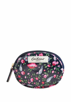 Blomstrende lynlåspung i sort. Har en glat, holdbar overflade med pink og grønne blomstermotiver. Inkluderer et hvidt mærke.