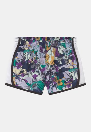 Farverige sportsshorts med blomsterprint, elastisk linning, hvide mesh-sidelpaneler og sorte kanter.