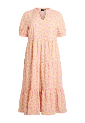 Gelbes Midikleid mit kurzen Ärmeln, pinkem Blumenmuster, Stufenrock und V-Ausschnitt.