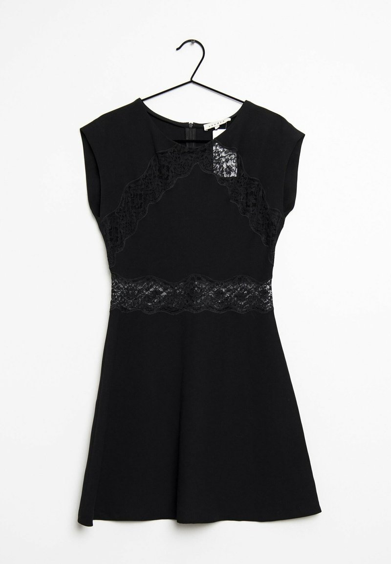 Schwarzes Kleid mit kurzen Ärmeln, Spitzenakzenten am Oberteil und der Taille, enganliegendem Oberteil, weit schwingendem Rock und Reißverschluss hinten.