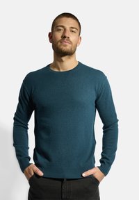 Maglione in maglia color teal con maniche lunghe e scollatura rotonda, realizzato in tessuto morbido; presenta polsini e orlo a coste.