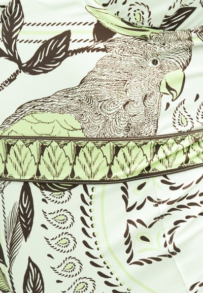 Dessin détaillé d'un perroquet avec des plumes vertes et brunes, entouré de motifs feuillus et semblables à des motifs cachemire dans des tons verts et bruns.