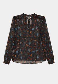 Blouse noire à manches longues avec un motif floral abstrait orange et bleu, col froncé, lien au cou et poignets froncés.