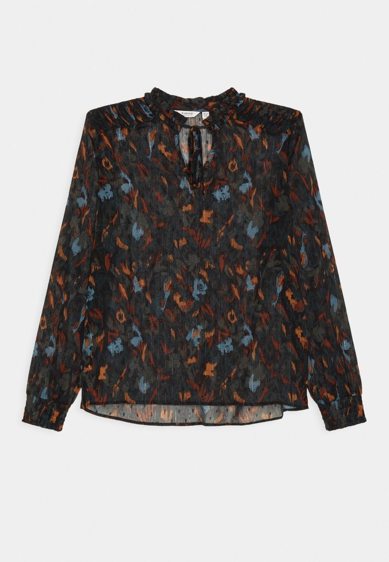 Blouse noire à manches longues avec un motif floral abstrait orange et bleu, col froncé, lien au cou et poignets froncés.
