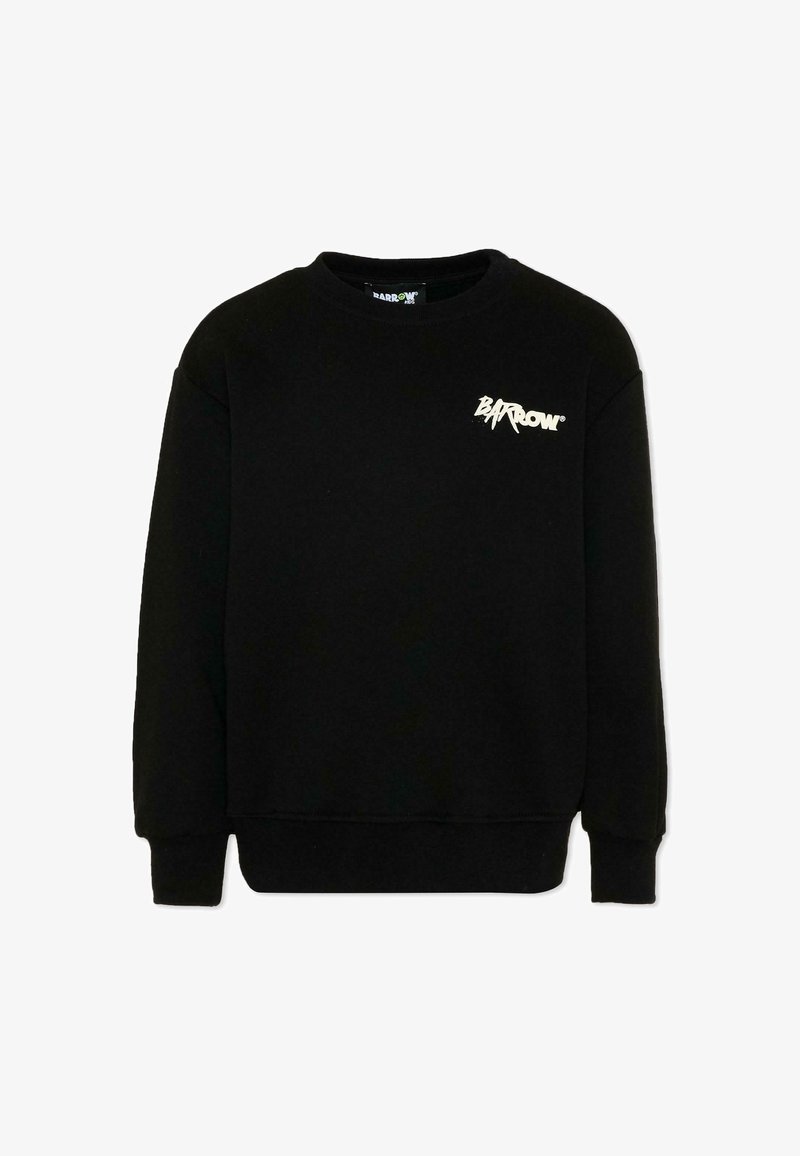 Sweat-shirt noir à manches longues avec col rond, logo "Barrow" blanc sur la poitrine gauche, poignets et ourlet côtelés.