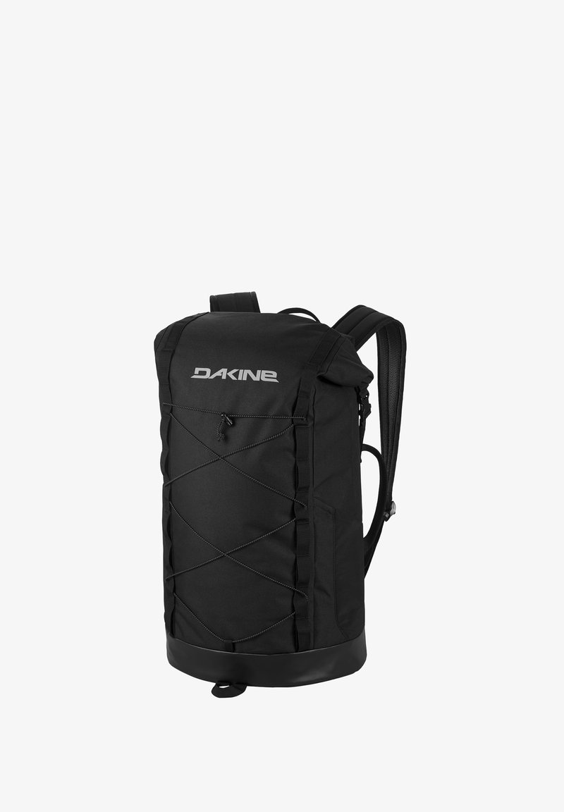 Black backpack with a clean design, made of durable fabric. Features a bungee cord front, padded straps, and reinforced bottom.