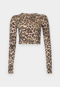 Long-sleeve cropped top in a leopard print, featuring a dark brown and beige color scheme with a smooth texture and fitted silhouette.