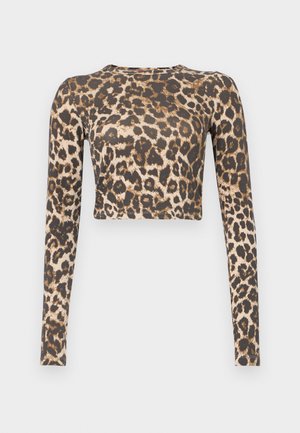 Langermet cropped topp med leopardmønster, med en fargekombinasjon av mørk brun og beige, med en glatt tekstur og tettsittende silhuett.
