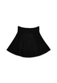 Falda negra acampanada hecha de tejido de punto, con una cinturilla ancha y una textura suave, con una silueta circular y sin patrones visibles.
