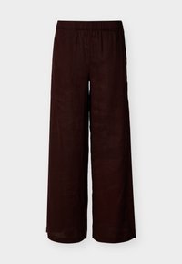 Wide-leg dark brown linen pants with elastic waistband, ankle-length, displayed on plain light background.