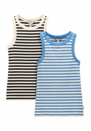 Două tricouri fără mâneci cu dungi, unul alb-negru și unul albastru-alb, așezate întinse cu gâturi rotunde vizibile.