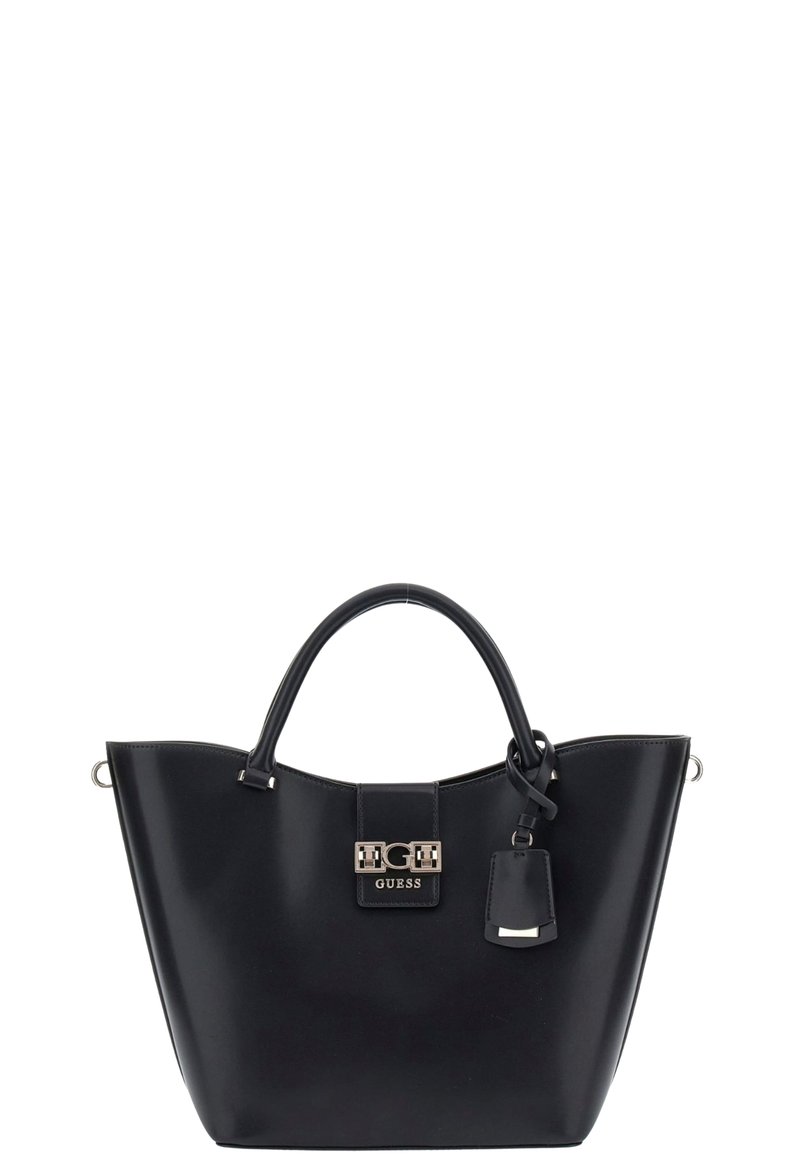 Borsa a mano nera in ecopelle con forma strutturata, manici corti e accessori in metallo argentato. Presenta una placca con logo e un piccolo tag decorativo.