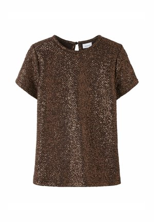 Kortermet mørkebrun topp dekket med glitrende bronse glitter, med rund hals og knappelukking bak.