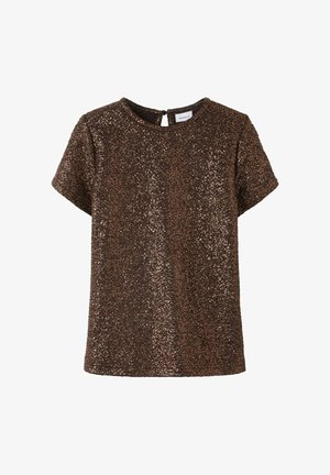 Haut à manches courtes marron foncé recouvert de paillettes en bronze scintillantes, avec un col rond et une fermeture à bouton à l'arrière.