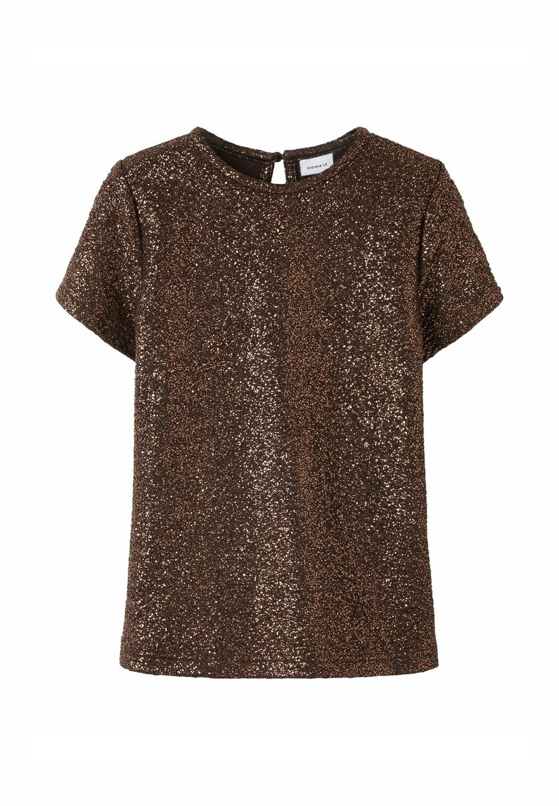 Korte mouwen top in donkerbruin bedekt met schitterende bronzen glitters, met een ronde halslijn en knoopsluiting op de rug.