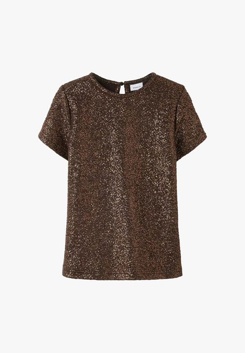 Korte mouwen top in donkerbruin bedekt met schitterende bronzen glitters, met een ronde halslijn en knoopsluiting op de rug.