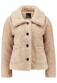 Beige kabát z umělé kožešiny s velkým límcem, předním zapínáním na knoflíky a dvěma předními kapsami, který se vyznačuje měkkým, texturovaným povrchem.