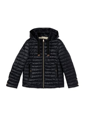 Schwarze gesteppte Kapuzenjacke mit Frontreißverschluss, zwei seitlichen Reißverschlusstaschen und langen Ärmeln mit Knopfmanschetten.