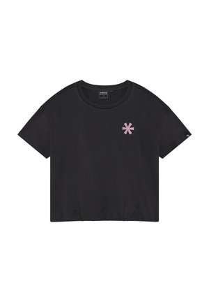 Czarna koszulka z krótkim rękawem wykonana z miękkiego materiału, z różowym wzorem gwiazdki na lewej piersi oraz okrągłym dekoltem.