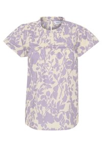 Blusa a motivo floreale in cotone color lavanda chiaro e bianco sporco. Presenta maniche corte, collo rotondo e dettagli plissettati sul davanti.
