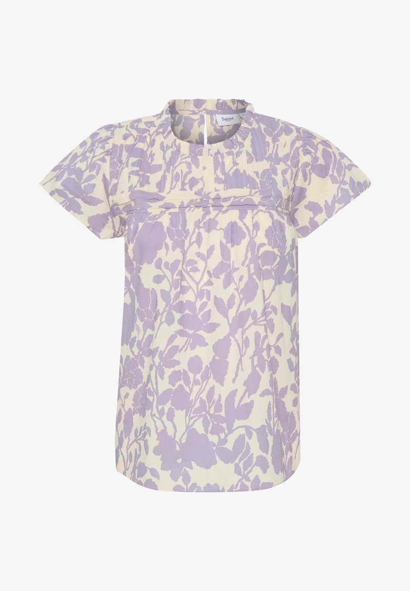 Blusa a motivo floreale in cotone color lavanda chiaro e bianco sporco. Presenta maniche corte, collo rotondo e dettagli plissettati sul davanti.