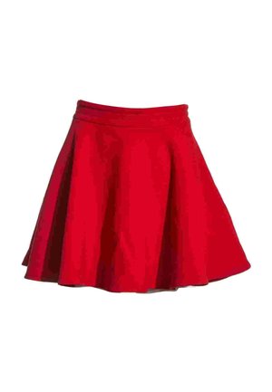 Jupe rouge évasée longueur genou avec une taille cintrée et des plis doux.