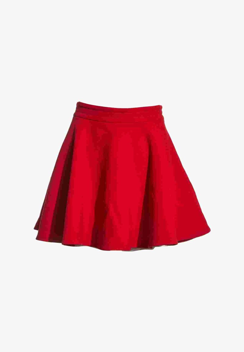 Jupe rouge évasée longueur genou avec une taille cintrée et des plis doux.