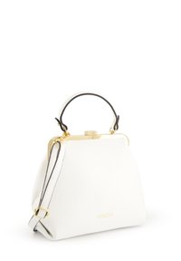 Weiße Lederhandtasche mit strukturierter Form, goldfarbigem Beschlag, einem oberen Griff und einem abnehmbaren Tragegurt. Verfügt über eine strukturierte Oberfläche.