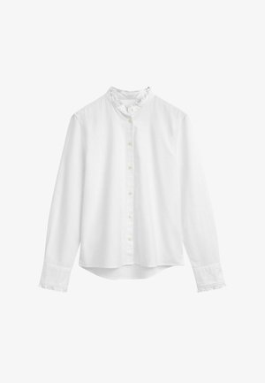 Weißes Langarmhemd mit Rundhals, Knopfverschluss und Raffung am Hals- und Armabschluss; aus leichtem, strukturiertem Stoff gefertigt.